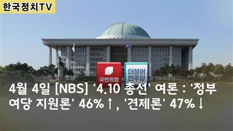 한국정치tv 여론조사결과 4월 4일 Nbs 발표 410 총선 여론조사 결과 정부 여당 지원론 46↑