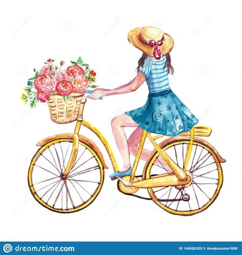 Watercolor Hand Painted Girl is Riding Her Yellow Bicycle. Spring and ...