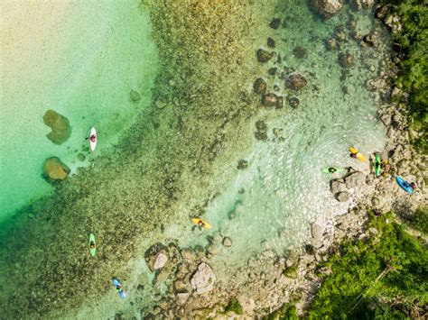 Aerial View Of Kayaks At The Soca River Shore Slovenia Stock Image