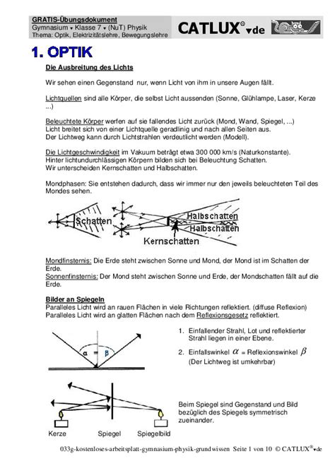 Physik Optik Arbeitsblätter