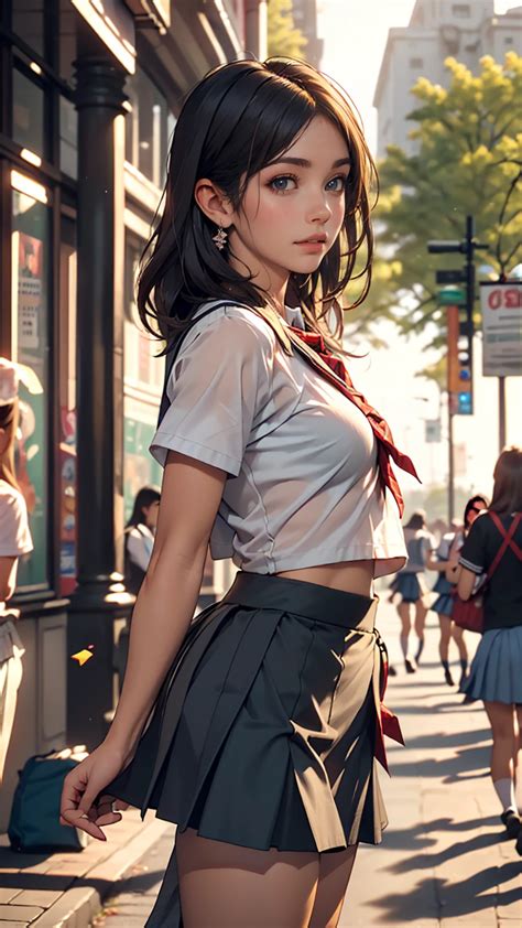 There is a woman in a short skirt and a shirt on the street - SeaArt AI