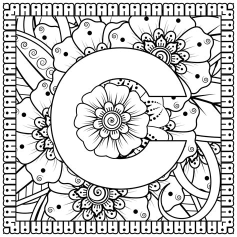 Buchstabe C Aus Blumen Im Mehndi Stil Malbuchseite Umrisse Hand Draw