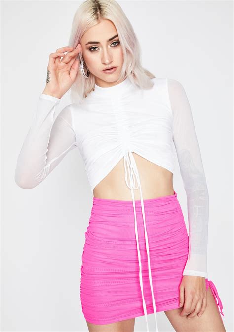 Ruched Long Sheer Sleeve Mock Neck Crop Top White Mock Neck Crop