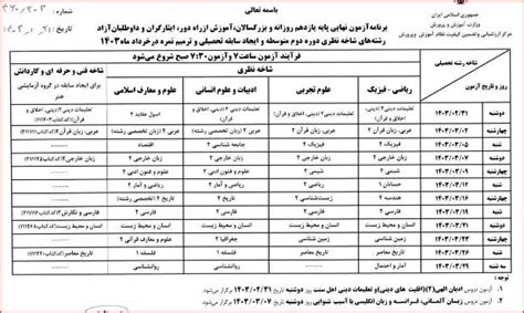 برنامه امتحان نهایی خرداد 1403 گزینه دو