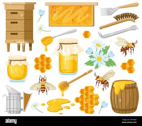 Cartoon Honey Beekeeping Elements Honeycombs Beehive Bees And Honey