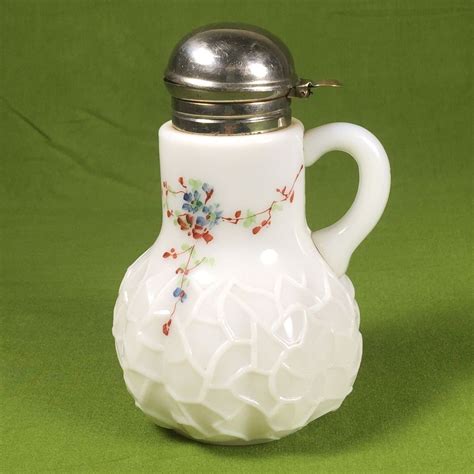 Vintage Hand Painted Milk Glass Syrup Pitcher Dithridge Alba Spider Honeycomb Milk Glass