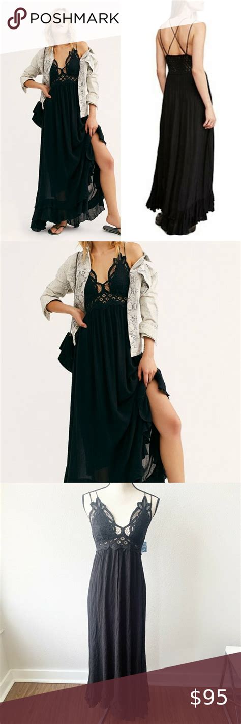 Free People Adella Maxi Boho Lace Slip Dress Black