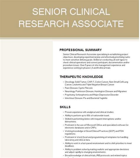 Senior Clinical Research Associate Resume Example