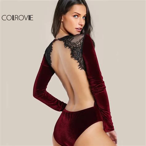 Colrovie Backless Velvet Lace Bodysuit Burgundy Elegant Women Applique