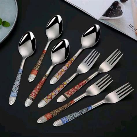 Jual Lusin Pcs Sendok Garpu Makan Set Motif Batik Stainless