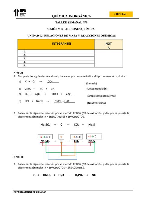 S9 Taller Grupal Taller Semanal N° SesiÓn 9 Reacciones QuÍmicas