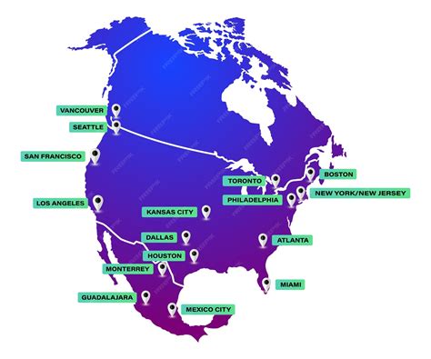 Premium Vector | Map of north america with 16 cities hosting the 2026