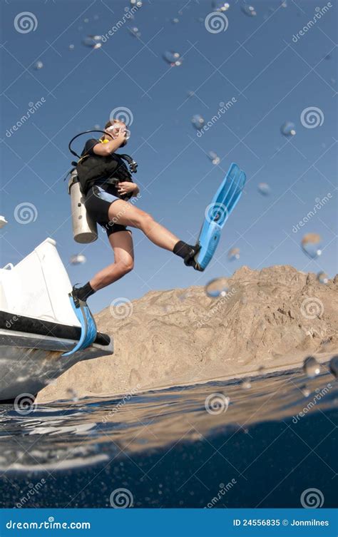 Scuba Diver Jumps Off Boat Stock Image Image Of Dive 24556835