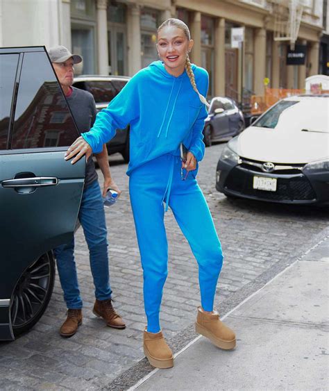 Gigi Hadid Wore Tiny Platform Ugg Boots with a Blue Loungewear Set