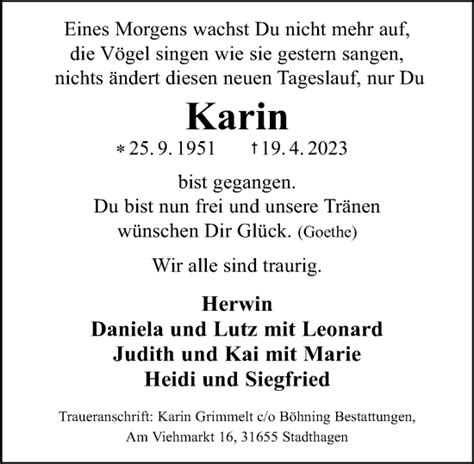 Traueranzeigen Von Karin Trauer Anzeigen De