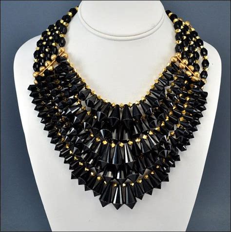 Black Lucite Gold Bib Statement Necklace Vintage 1950s Beaded Jewelry Statement Necklace