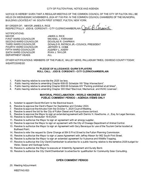 Oswego County TodayCity Of Fulton Final Notice And Agenda – November