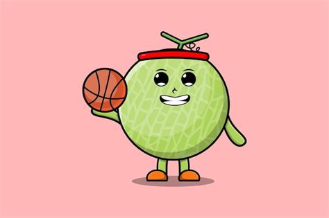 Niedlicher Melonenkarikaturcharakter Der Basketball In Der Flachen