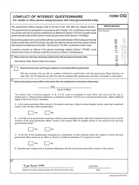 Fillable Online CONFLICT OF INTEREST QUESTIONNAIRE FORM Cl Fax Email