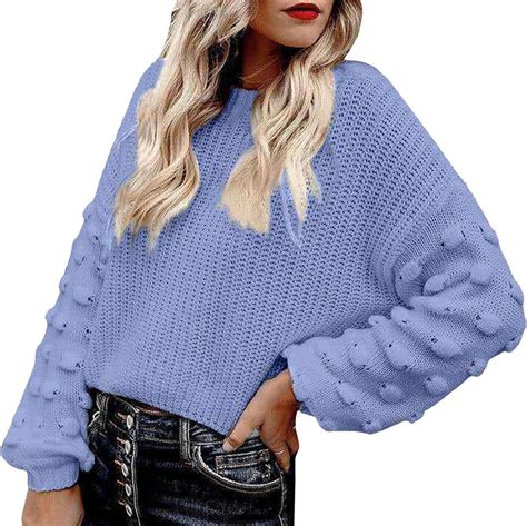 HAHAEMMA Damen Pullover Puffärmel Langarm Gestrickter Sweater Pulli