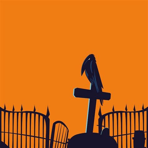 Premium Vector Halloween Raven Cartoon On Grave At Night Design