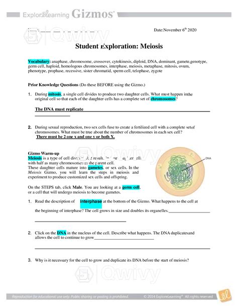 Gizmos Student Exploration Meiosis Answer Key Grade A