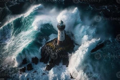 aerial view of Waves hitting a lighthouse in opean sea rock ...