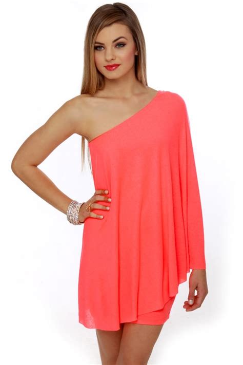 Sexy Neon Dress One Shoulder Dress Hot Coral Dress 5900 Lulus