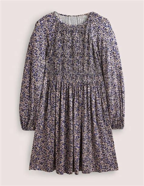 Robe en jersey avec corsage à smocks Bleu persan motif Leaf Cluster