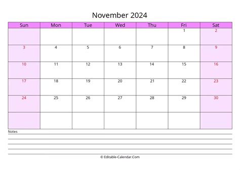 Free Printable Calendar November 2024 With Notes Kalie Marilin