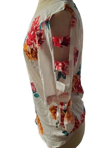 Floral Print Blouse Womens Sz M Top Shirt Peek A Boo Arm Shoulder Cut