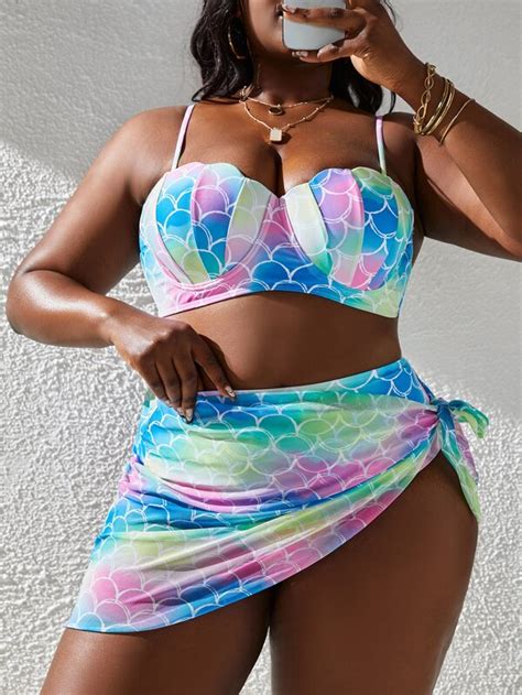 Shein Swim Vcay Plus Fish Scale Print Push Up Bikini Swimsuit With