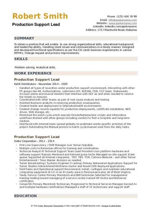 Production Support Lead Resume Samples Qwikresume