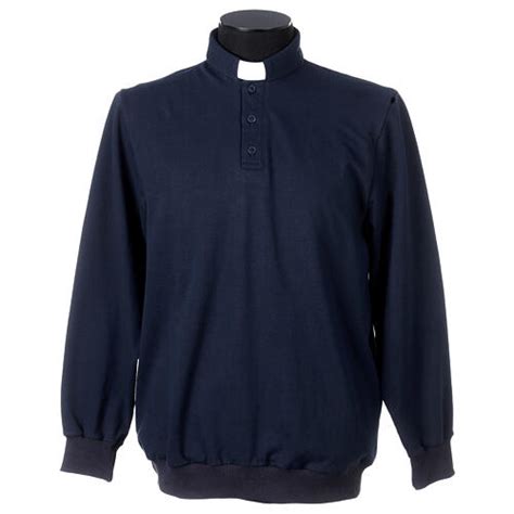 Long Sleeve Clergy Polo Shirt Three Buttons Blue Cococler Fleece