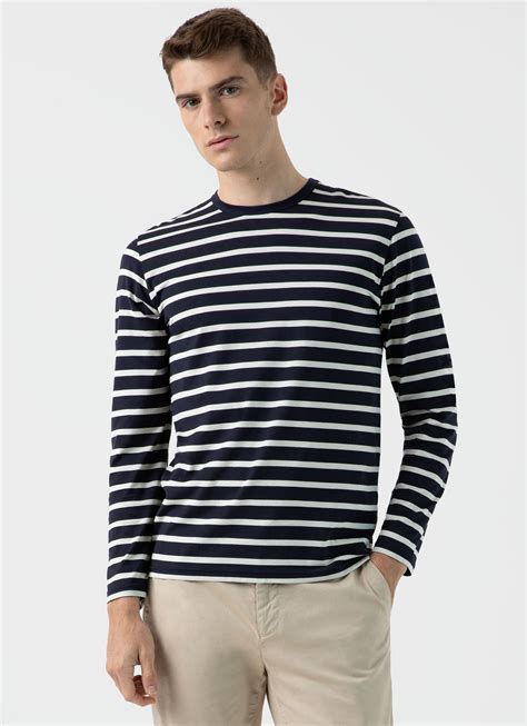 Mens Long Sleeve Classic T Shirt In Navy Ecru Breton Stripe Sunspel