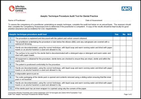 Aseptic Technique Procedure Audit Tool For Dental Practice Infection