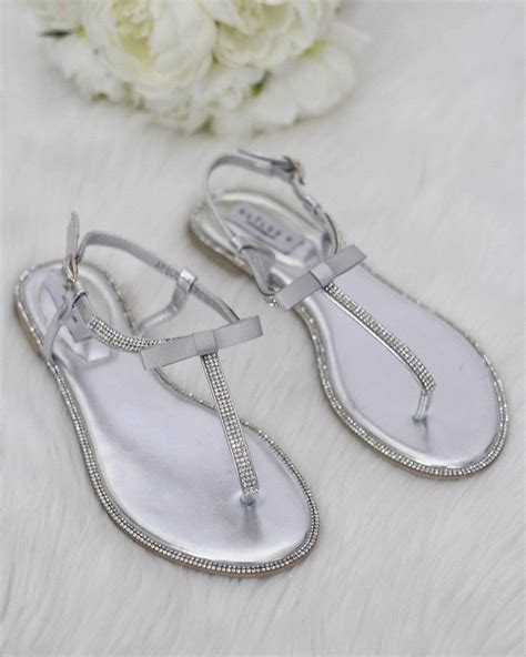 Silver Metallic T Strap Rhinestones Flat Sandals With Bow Rhinestone Flats Silver Flat