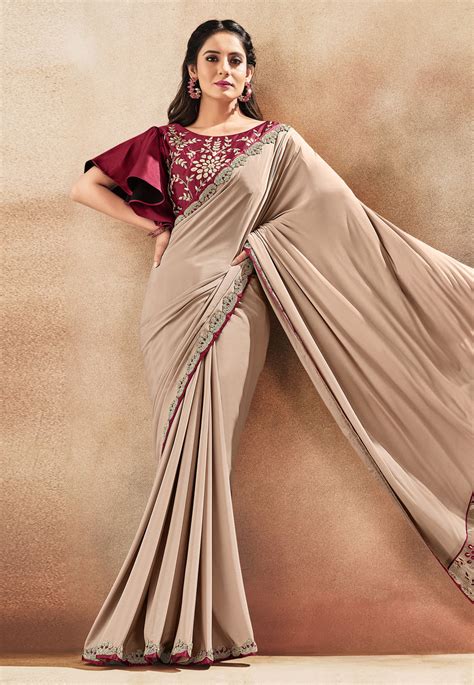 Beige Crepe Silk Plain Saree With Designer Blouse 42009