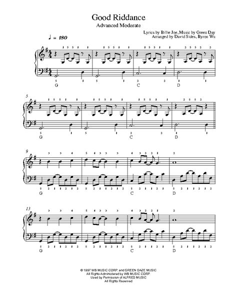 Good Riddance Time Of Your Life By Green Day Piano Sheet Music