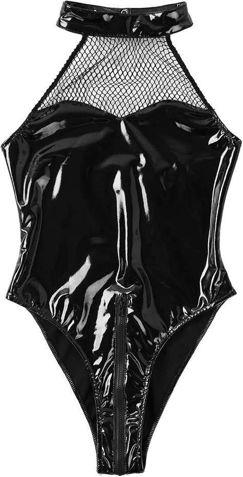 Inhzoy Femme Body Lingerie En Cuir Verni Sexy Bodysuit Ouvert