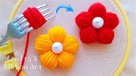 Super Easy Woolen Craft Ideas With Fork Diy Woolen Flowers Hand