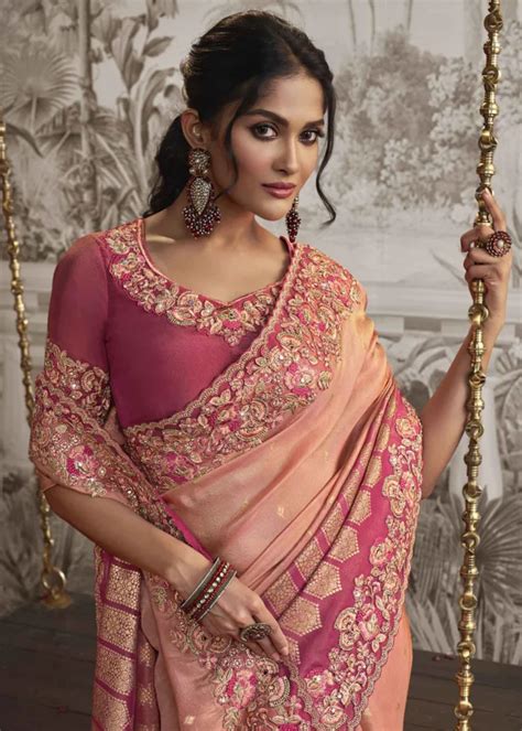 Peachy Pink Embroidered Silk Saree Urban Womania