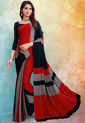 Digital Printed Crepe Saree In Black And Red Sts