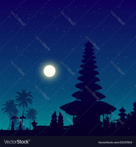 Bali Temple Silhouette Night Sky Background Vector Image