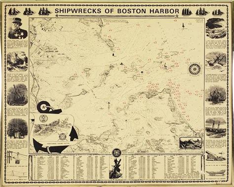 Vintage, 'shipwrecks Of Boston Harbor" Pictorial Chart Map, 20th Century