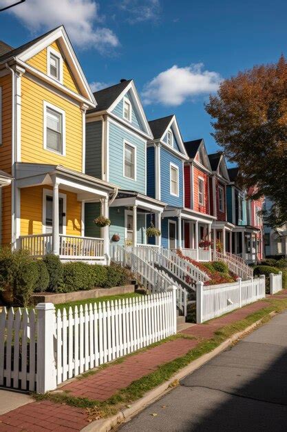 Premium Ai Image Row Of Colorful Townhouses With White Picket Fences