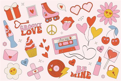 Trendy Groovy Valentines Day Sticker Set Retro Valentines Day 70s 60s