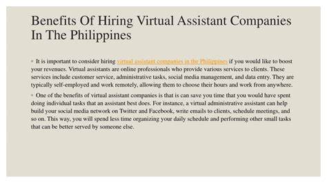 Ppt Benefits Of Hiring Virtual Assistant Companies In The Philippines Powerpoint Presentation