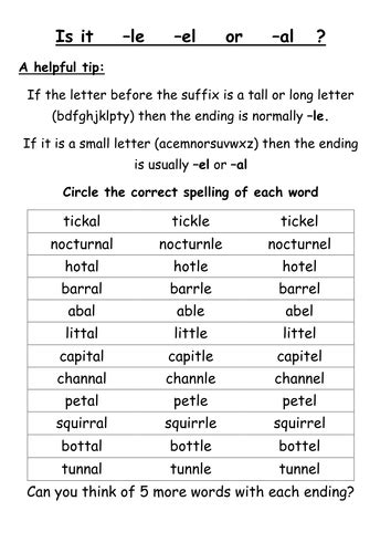 Word Endings Le El Or Al By Isotope824 Teaching Resources Tes