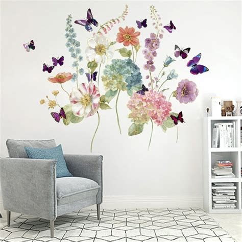 Colorful Flowers Wall Stickers, Peel and Stick Green Plants Flower ...